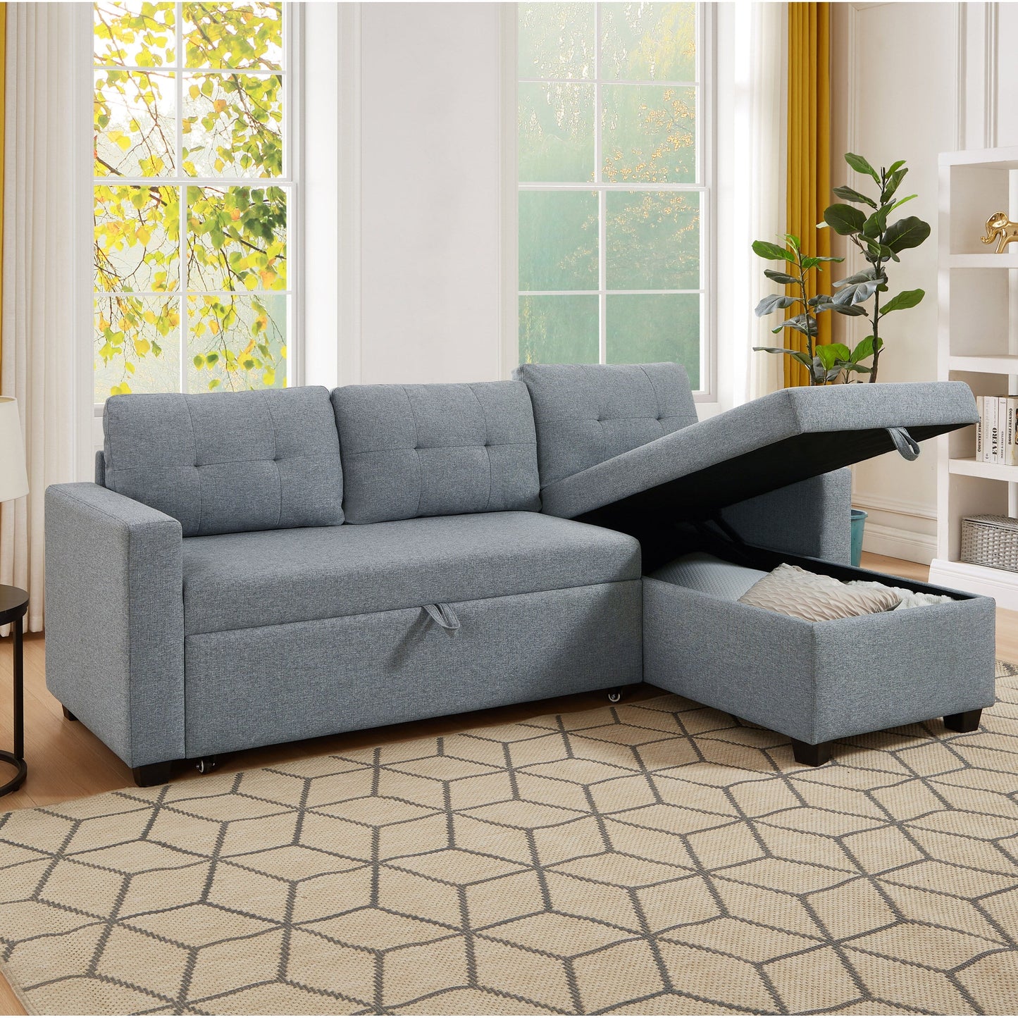 Canapé-lit convertible en lin gris de 81,5 po avec méridienne de rangement réversible