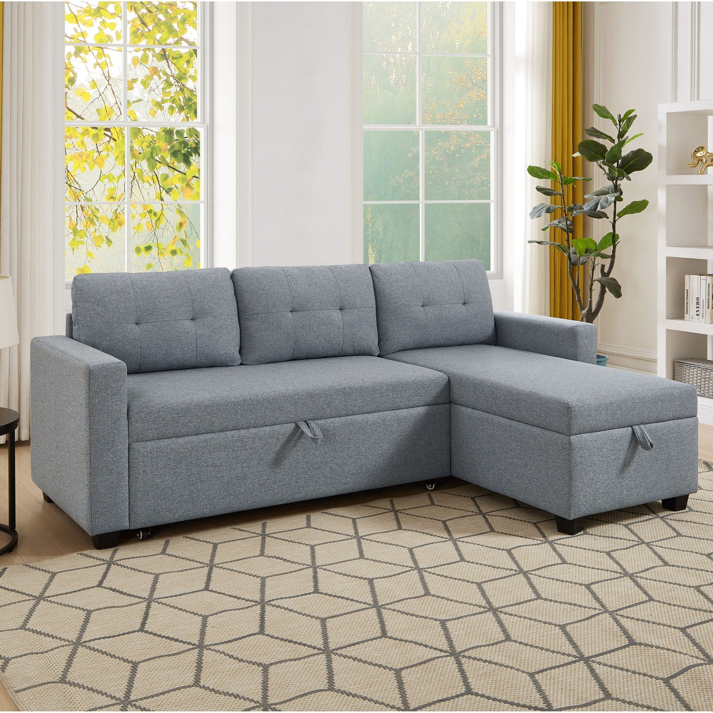 Canapé-lit convertible en lin gris de 81,5 po avec méridienne de rangement réversible