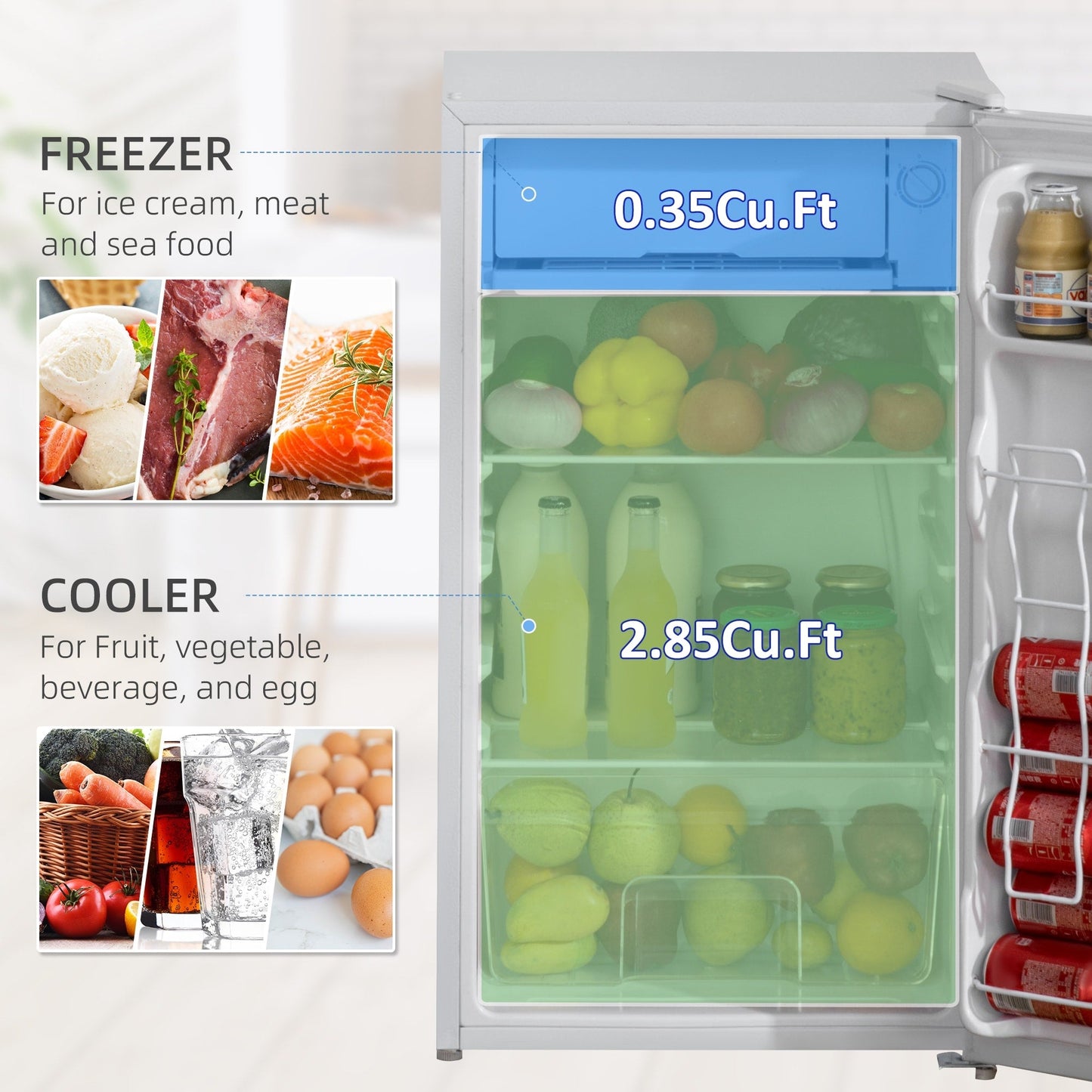 Mini-réfrigérateur compact HOMCOM de 3,2 pi³ avec congélateur, porte simple et thermostat réglable pour chambre à coucher
