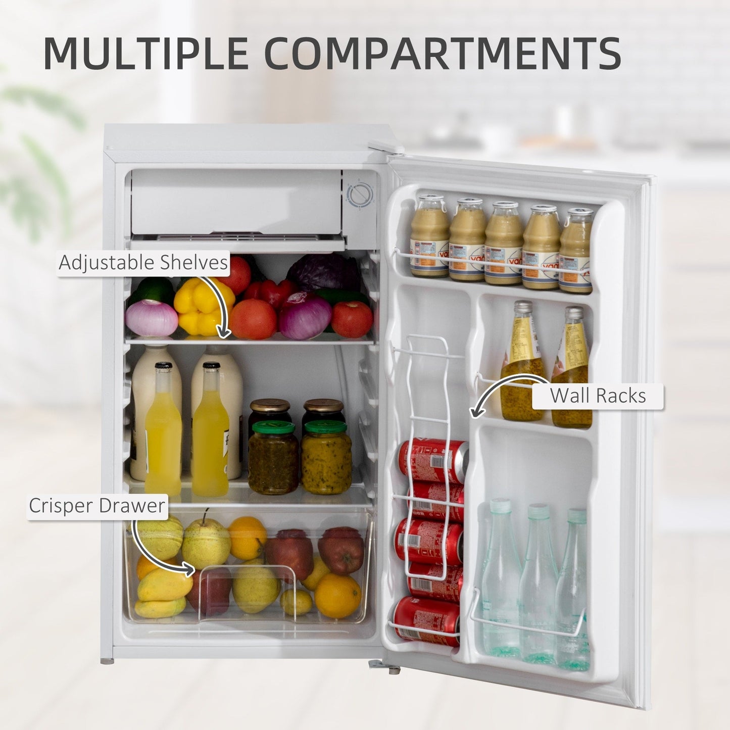 Mini-réfrigérateur compact HOMCOM de 3,2 pi³ avec congélateur, porte simple et thermostat réglable pour chambre à coucher