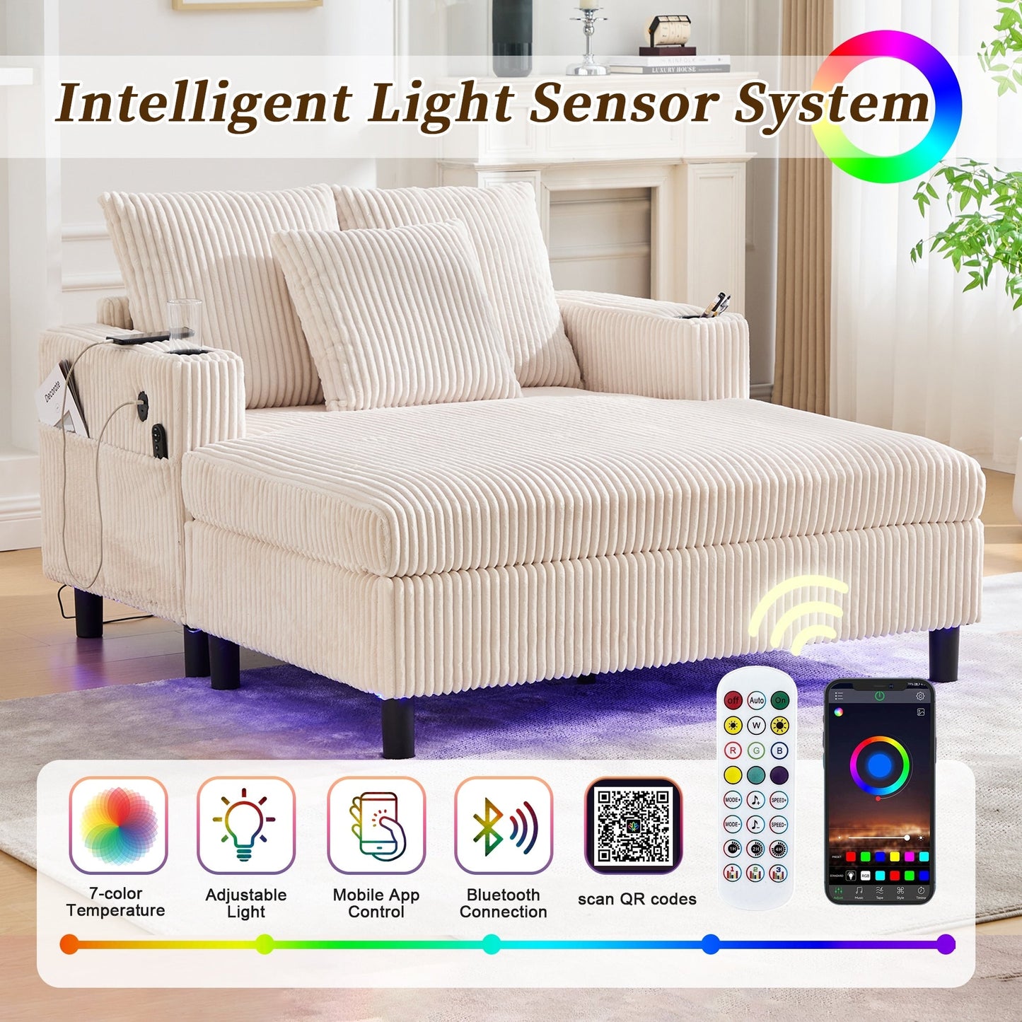 Canapé-lit inclinable surdimensionné HOMEFUN en velours côtelé avec éclairage LED RVB, porte-gobelet, port USB et 3 oreillers