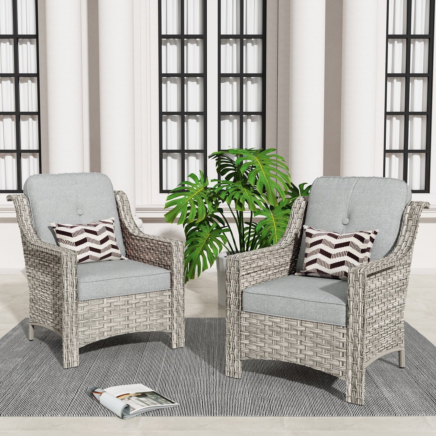 Ensemble de 2 chaises de patio d'extérieur en rotin et osier à dossier haut HOOOWOOO