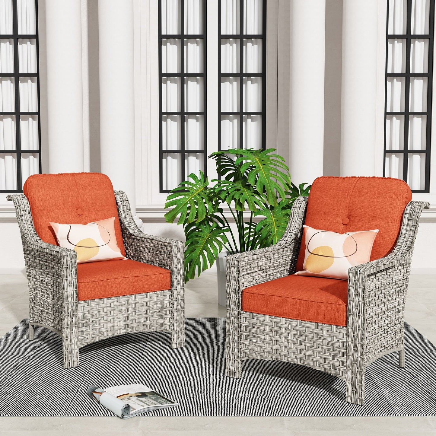 Ensemble de 2 chaises de patio d'extérieur en rotin et osier à dossier haut HOOOWOOO