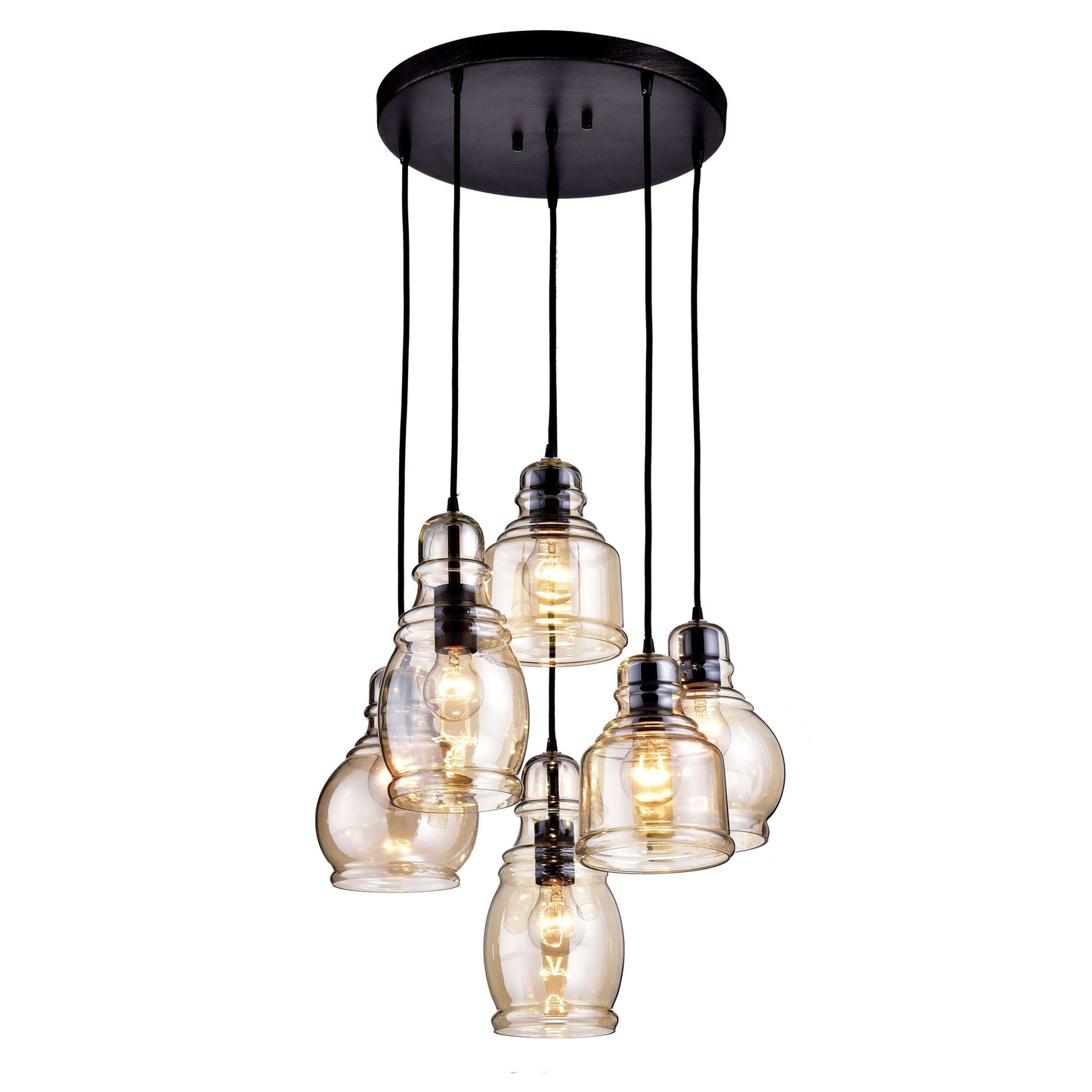 Suspension Mariana à 6 lumières en verre cognac noir antique et base ronde