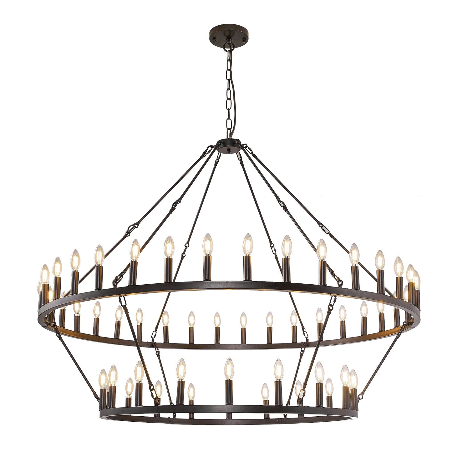Lustre de ferme moderne à 2 niveaux, lustre rond en forme de roue de chariot, grand plafonnier haut.