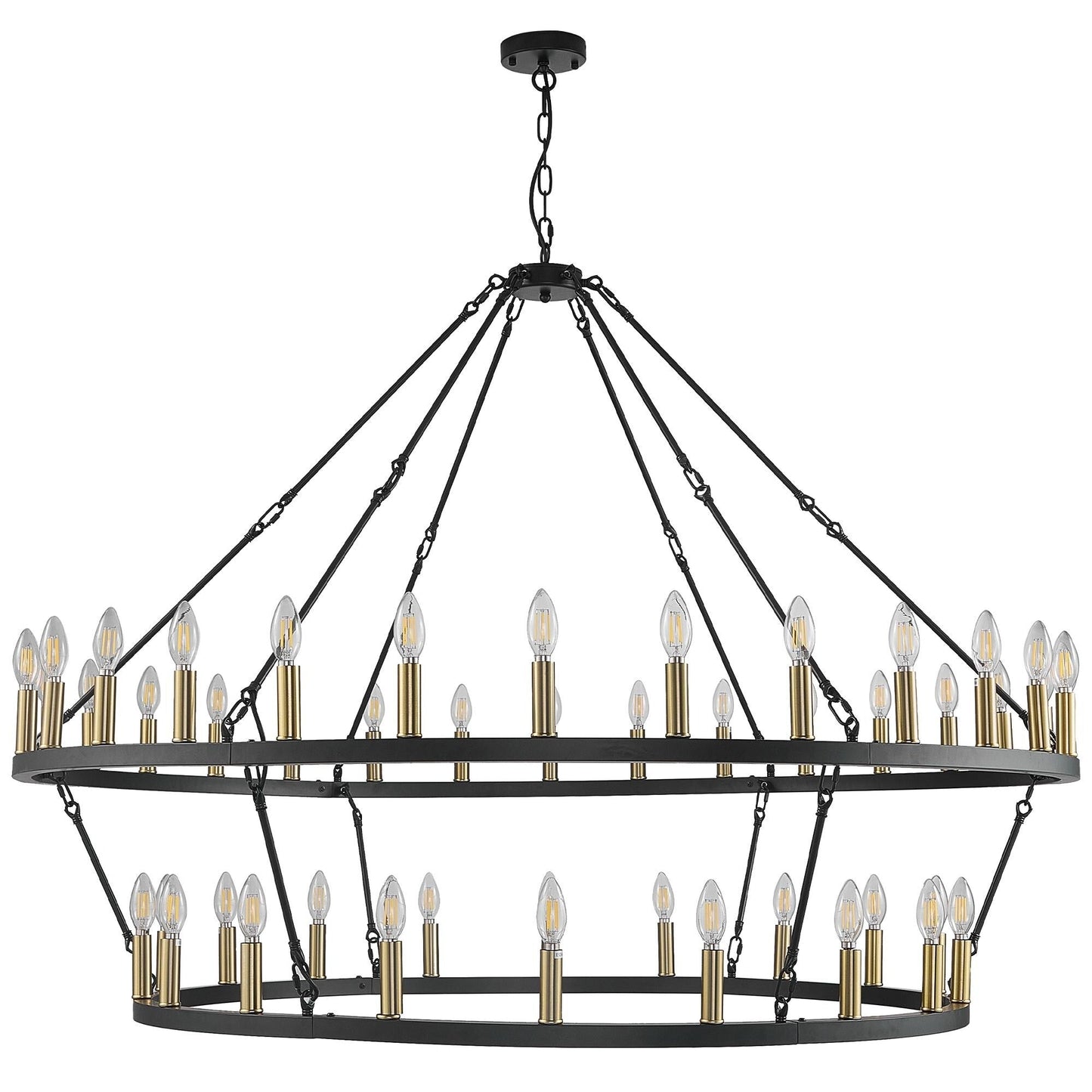 Lustre de ferme moderne à 2 niveaux, lustre rond en forme de roue de chariot, grand plafonnier haut.