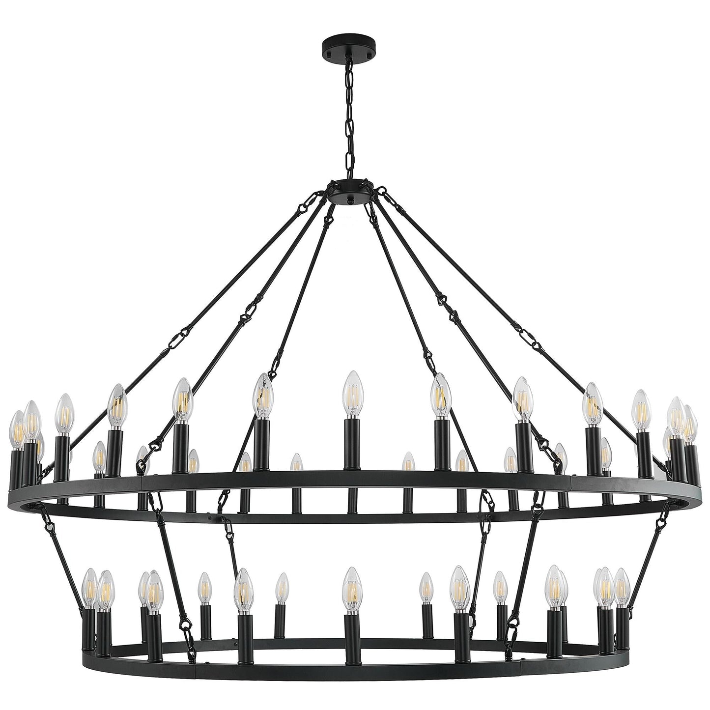 Lustre de ferme moderne à 2 niveaux, lustre rond en forme de roue de chariot, grand plafonnier haut.