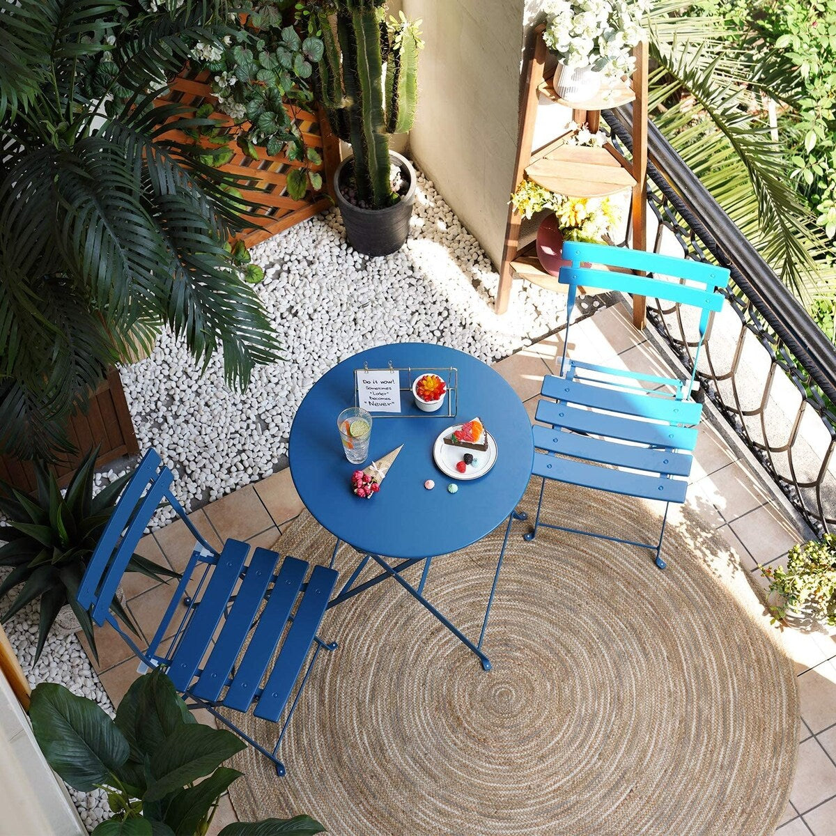 Ensemble bistrot pliant en métal 3 pièces, résistant aux intempéries, pour l'extérieur et l'intérieur, idéal pour la terrasse, la cour et le jardin.