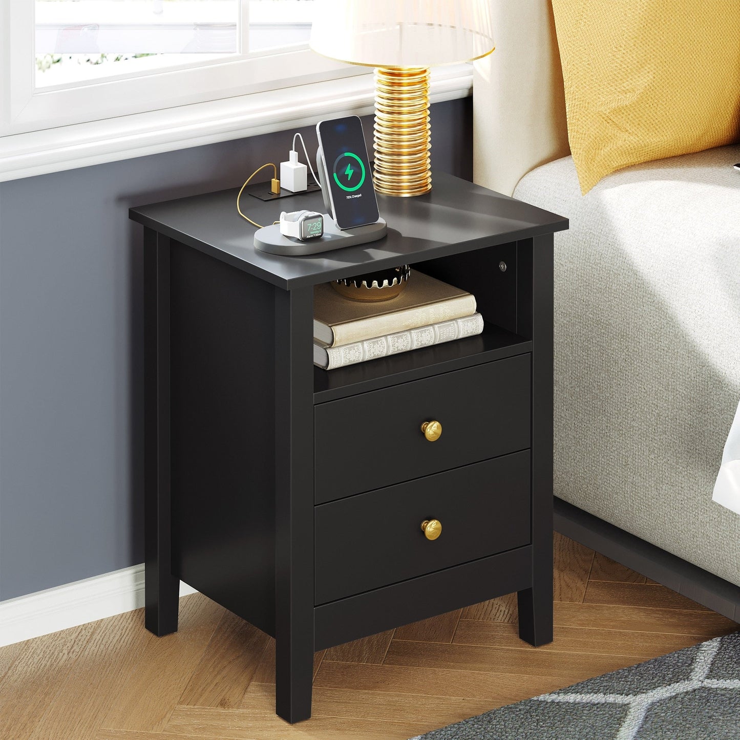 Ensemble de 2 tables de chevet avec station de charge Table d'appoint avec 2 tiroirs avec ports et prises USB Table de chevet