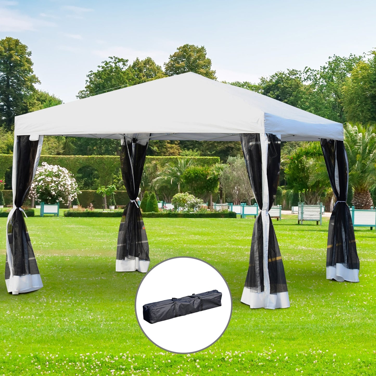 Auvent pop-up robuste Outsunny 10' x 10' avec filet latéral en maille amovible, conception d'installation facile, événement de fête en plein air