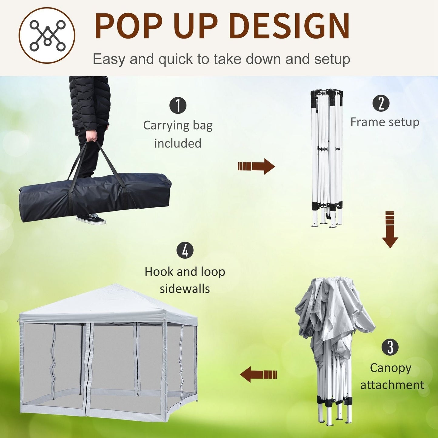 Auvent pop-up robuste Outsunny 10' x 10' avec filet latéral en maille amovible, conception d'installation facile, événement de fête en plein air
