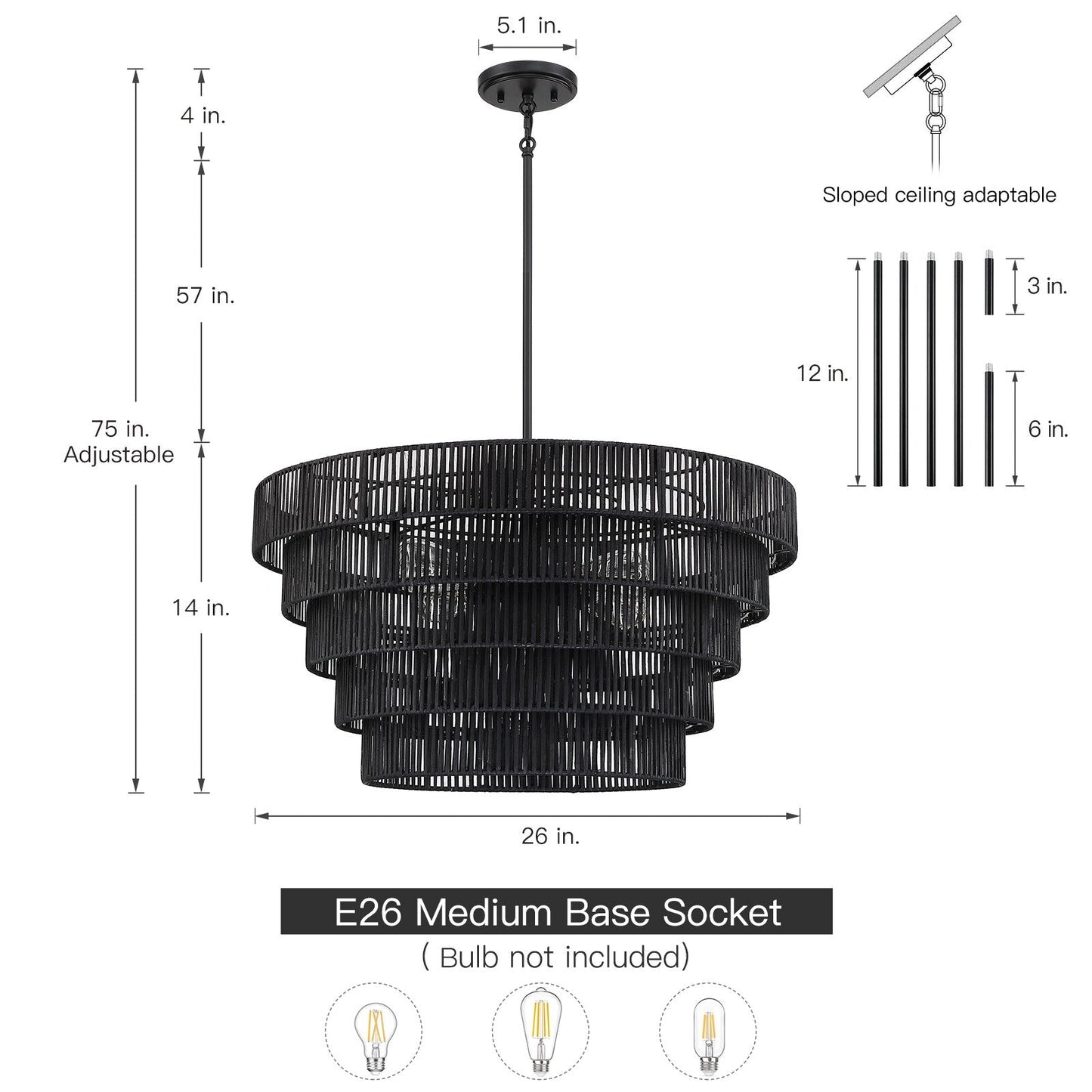 Lustre bohème moderne Piersan à 5 lumières avec abat-jour en rotin à plusieurs niveaux - 26 po de largeur