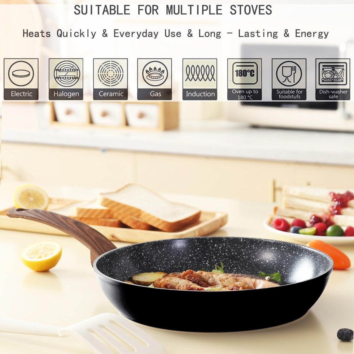 Ensemble de casseroles et poêles antiadhésives, batterie de cuisine en céramique avec motifs, ustensiles de cuisine à induction avec poêles, cocotte avec couvercles