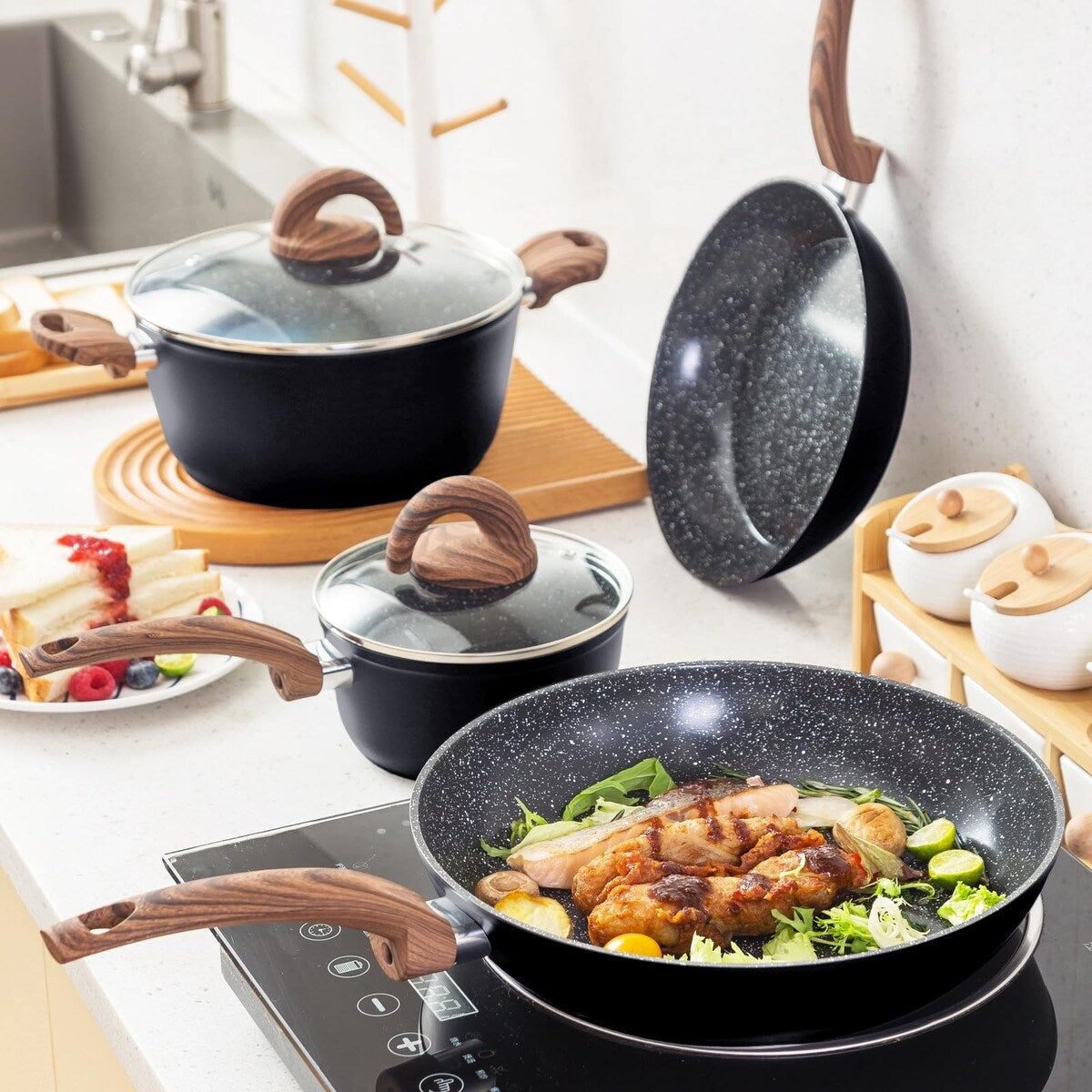Ensemble de casseroles et poêles antiadhésives, batterie de cuisine en céramique avec motifs, ustensiles de cuisine à induction avec poêles, cocotte avec couvercles