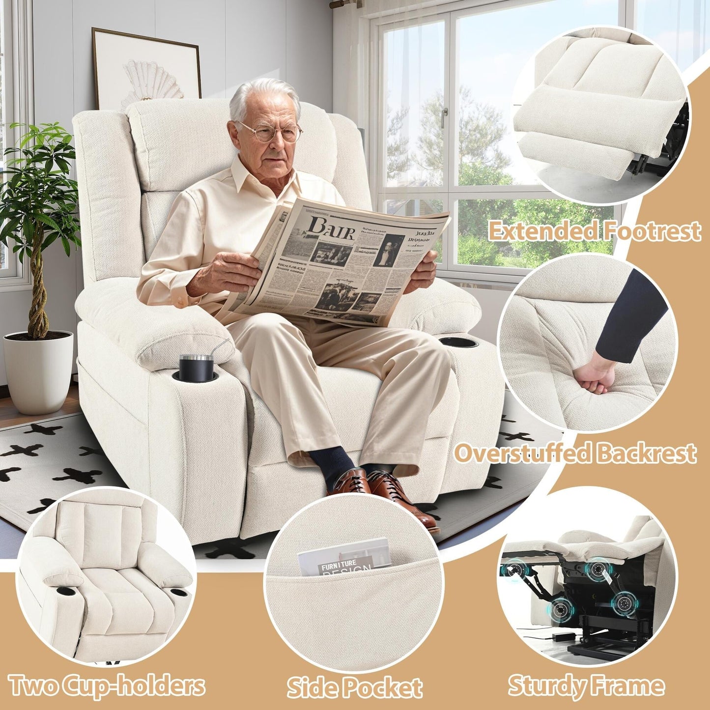 Fauteuil releveur électrique pour personnes âgées, en tissu, avec repose-pieds allongé, 2 porte-gobelets, poches latérales et télécommande.