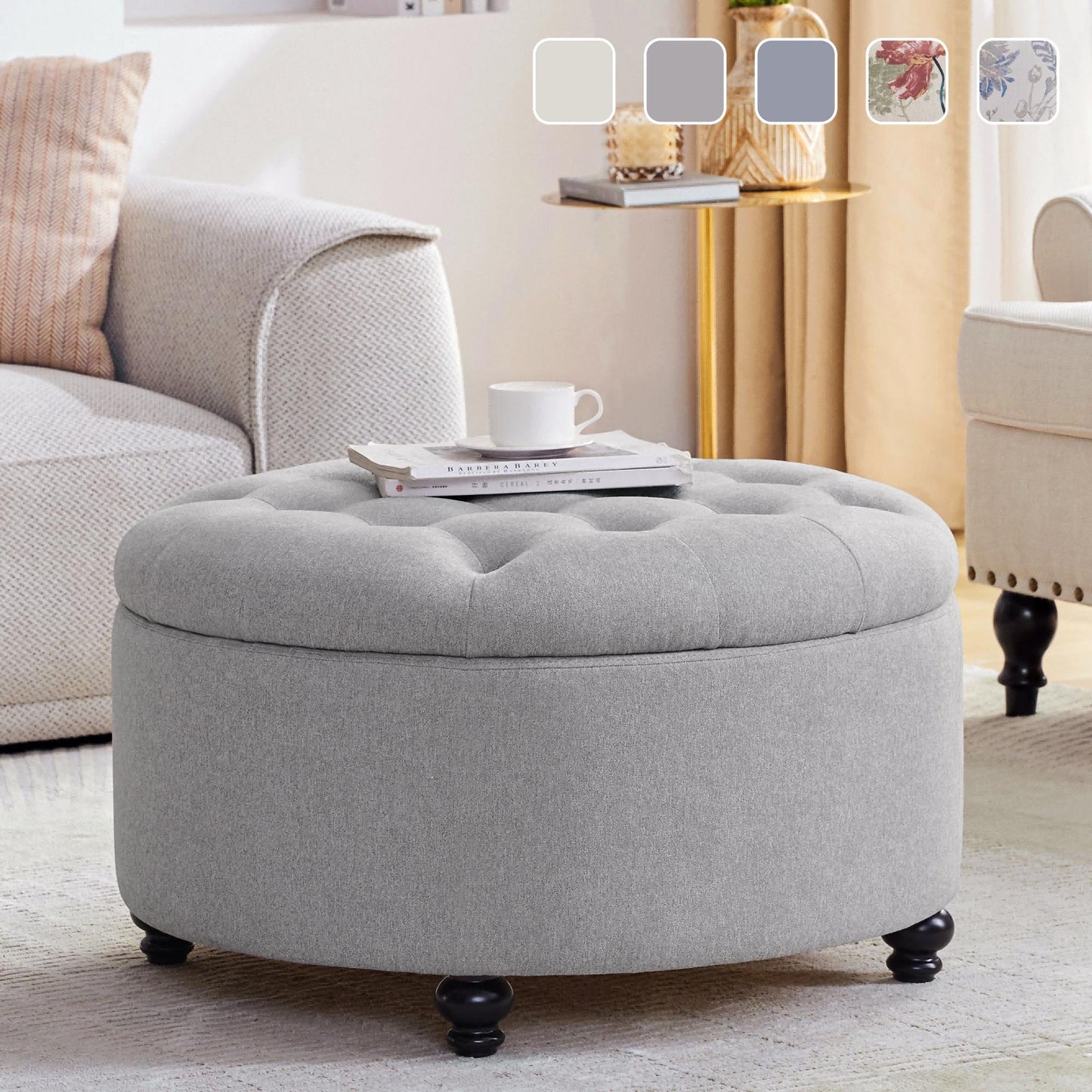 Grand repose-pieds rond touffeté avec rangement beige/gris/bleu