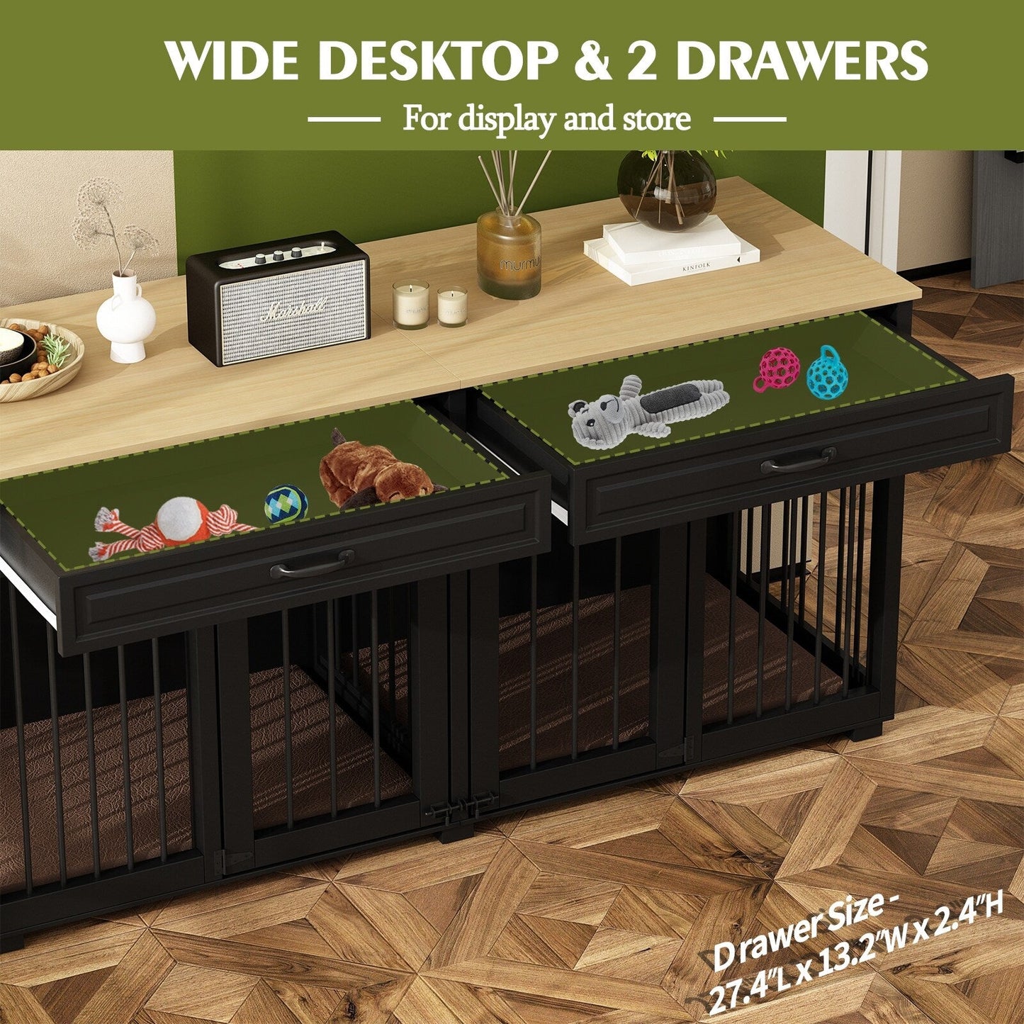 Cage double en bois pour chien avec 2 tiroirs et séparateur