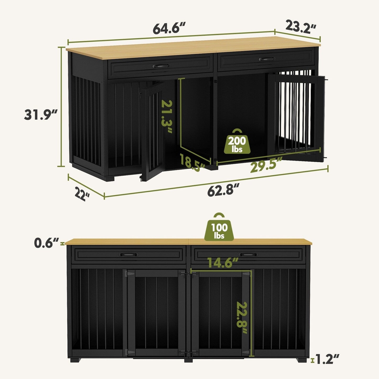 Cage double en bois pour chien avec 2 tiroirs et séparateur