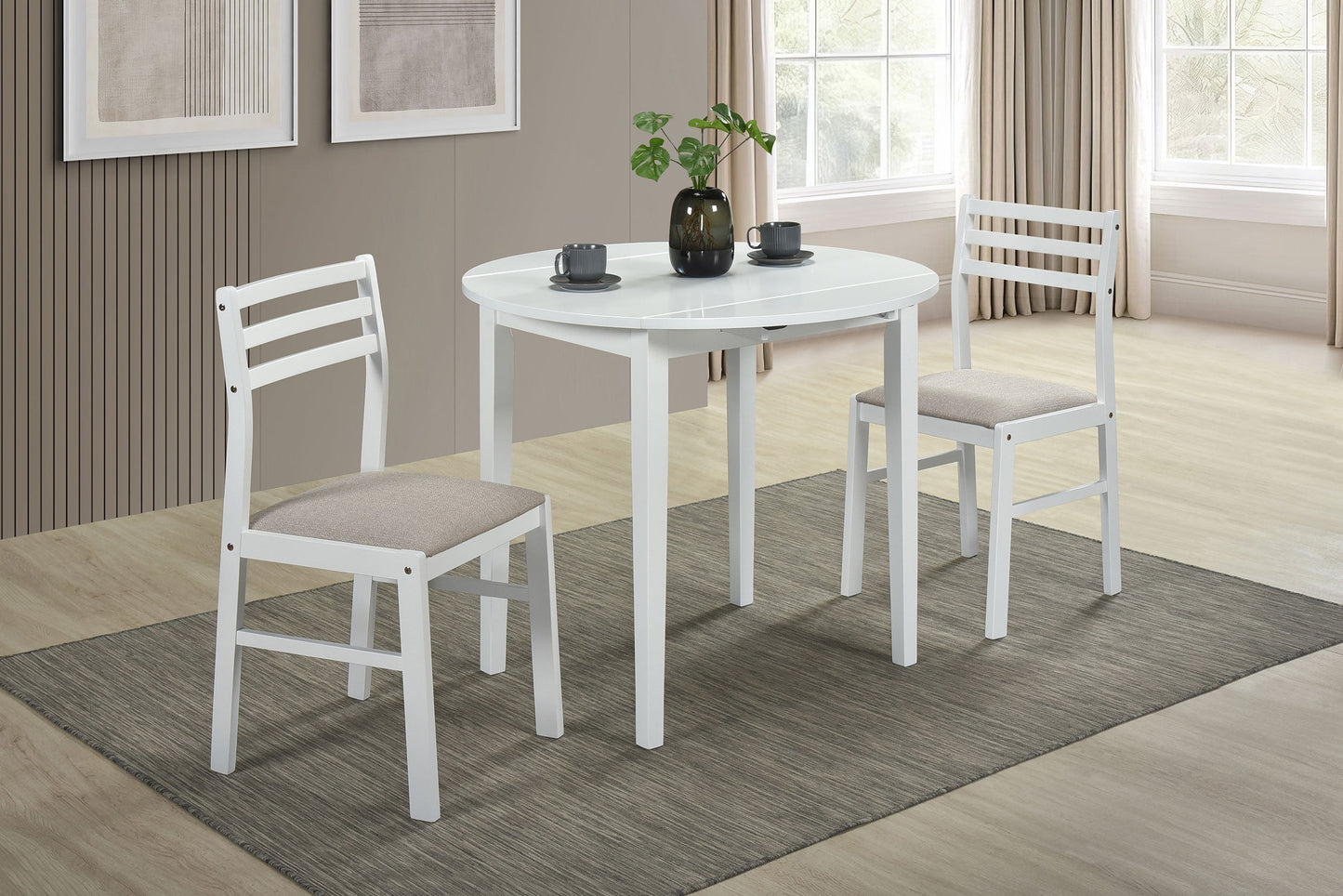 Ensemble de table à manger ronde à abattants Bucknell, 3 pièces, blanc