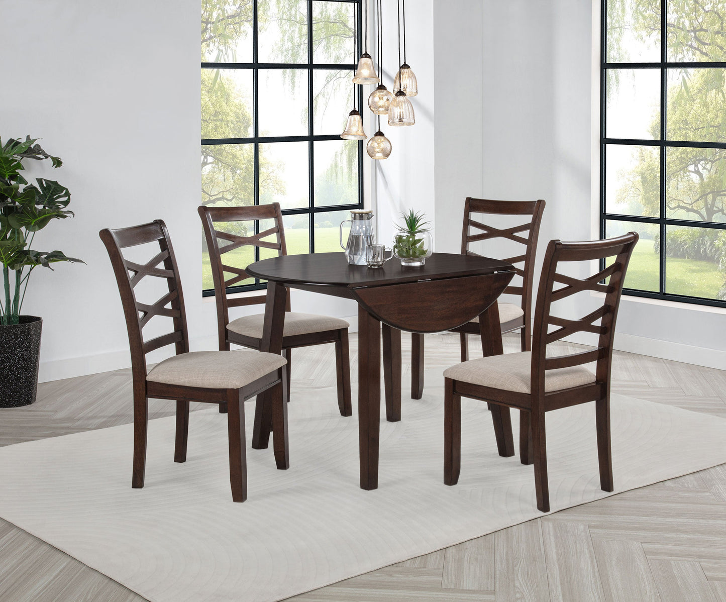 Ensemble de table à manger ronde en bois Barton 5 pièces, brun foncé