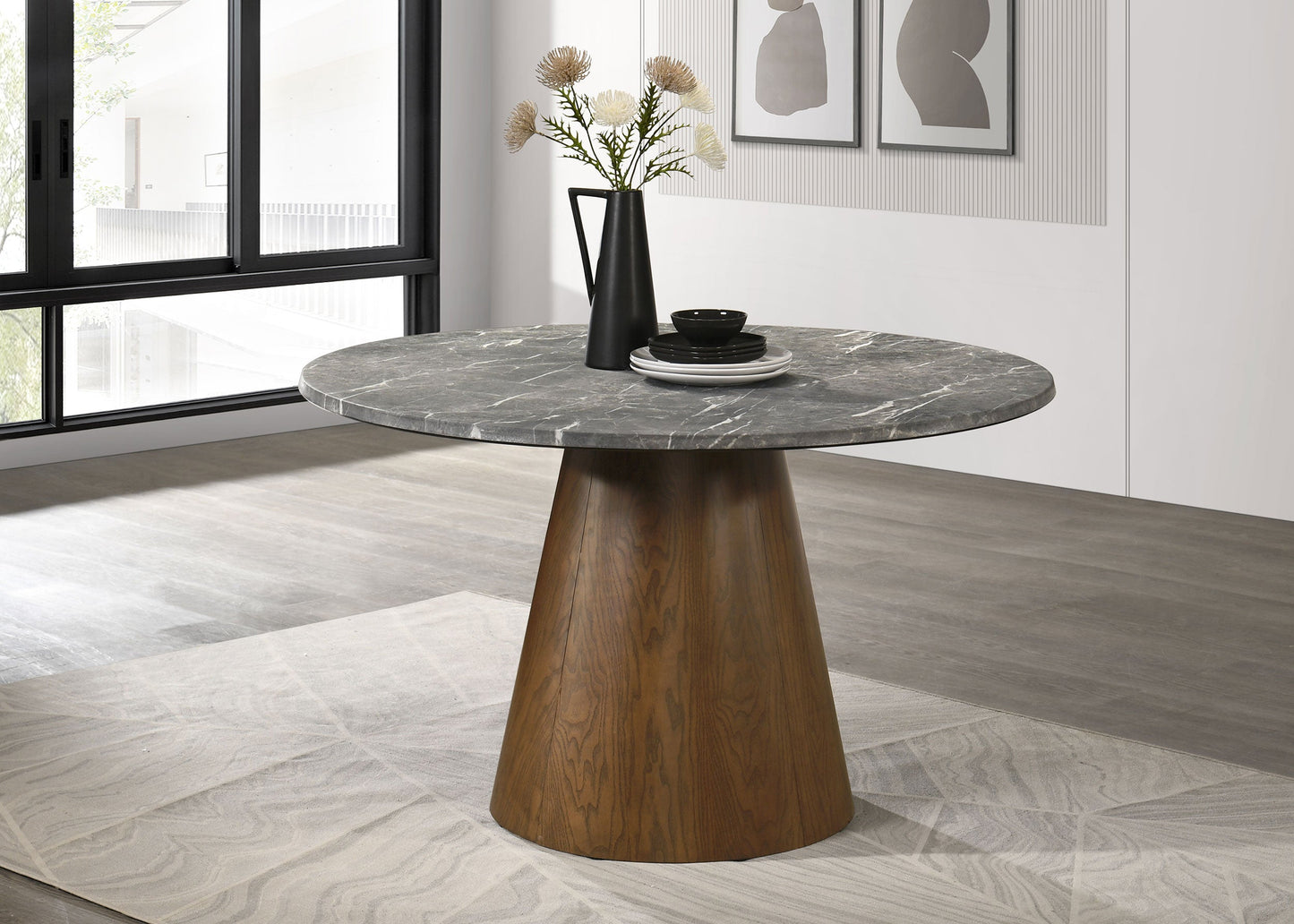 Table à manger ronde Franklin de 59 pouces, gris et chêne foncé