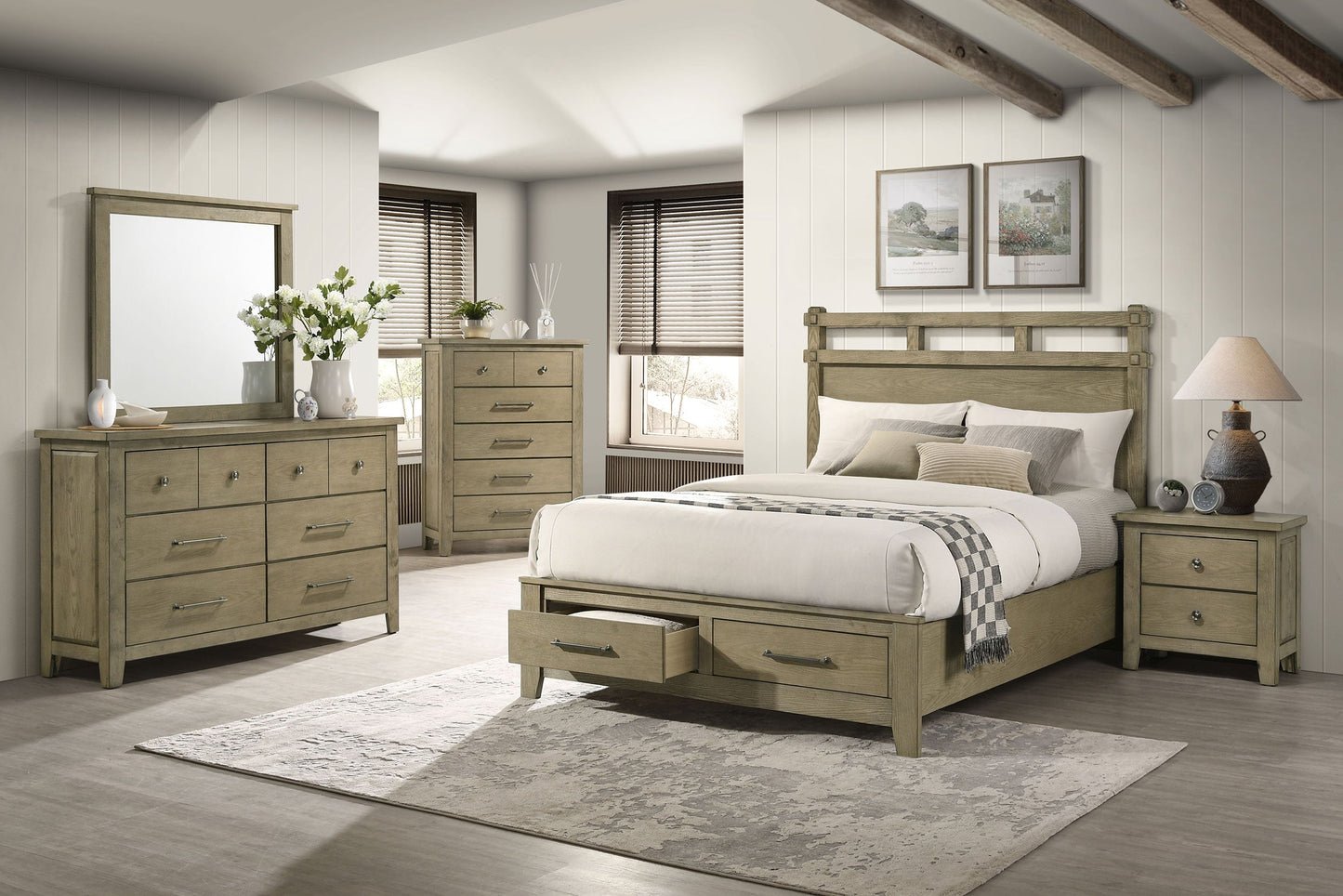 Ensemble de chambre à coucher Hazlewood 5 pièces avec lit king size oriental en chêne de vignoble