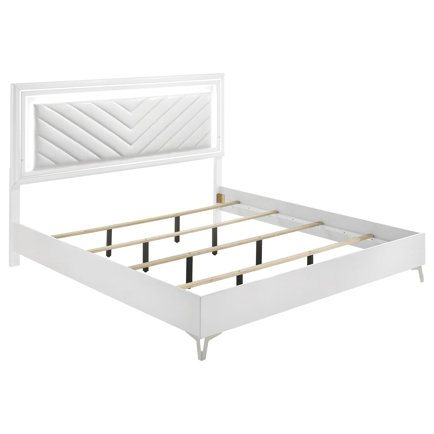 Ensemble de chambre à coucher Cassia 4 pièces avec lit king size oriental à LED, blanc brillant