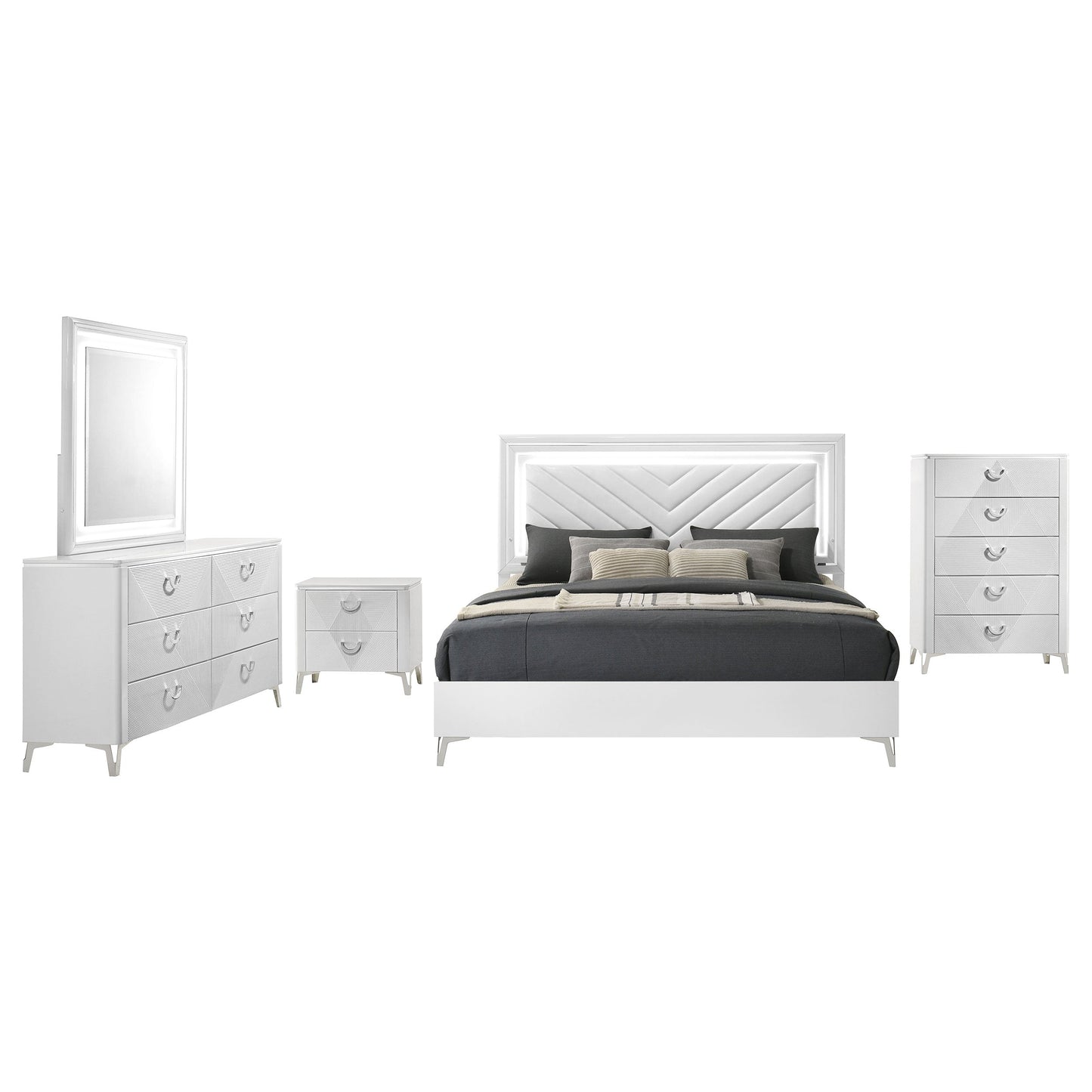 Ensemble de chambre à coucher Cassia 5 pièces avec lit king size à LED, blanc brillant