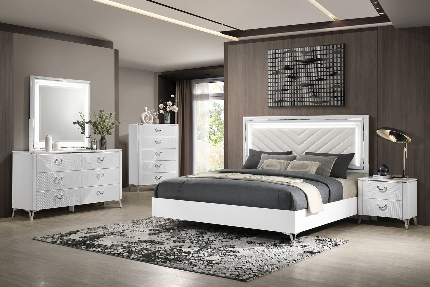 Ensemble de chambre à coucher Cassia 5 pièces avec lit king size à LED, blanc brillant