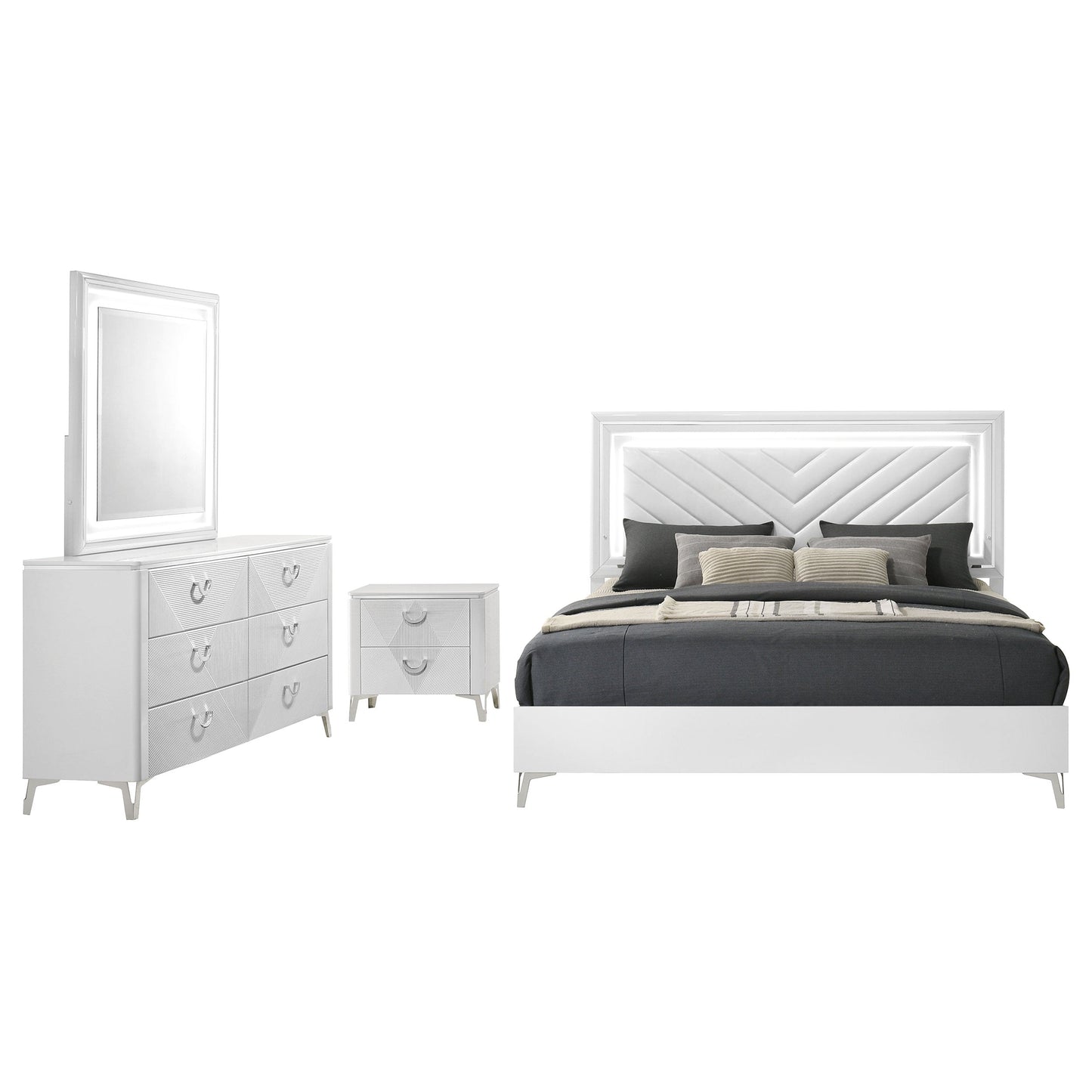 Ensemble de chambre à coucher Cassia 4 pièces avec lit queen size et LED, blanc brillant
