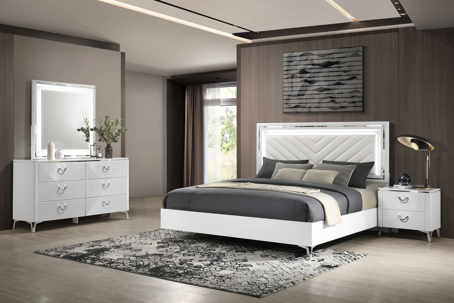 Ensemble de chambre à coucher Cassia 4 pièces avec lit queen size et LED, blanc brillant