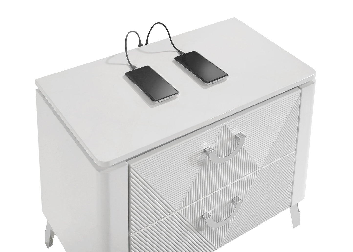 Ensemble de chambre à coucher Cassia 4 pièces avec lit queen size et LED, blanc brillant
