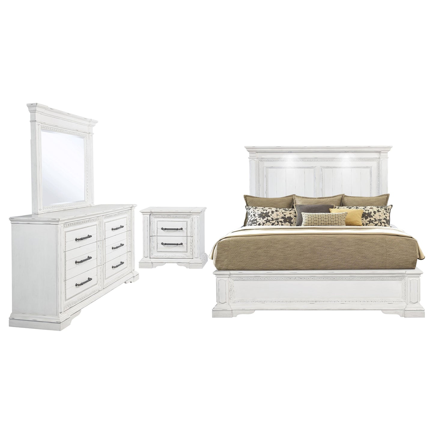 Ensemble de chambre à coucher McKinney 4 pièces California King blanc vintage