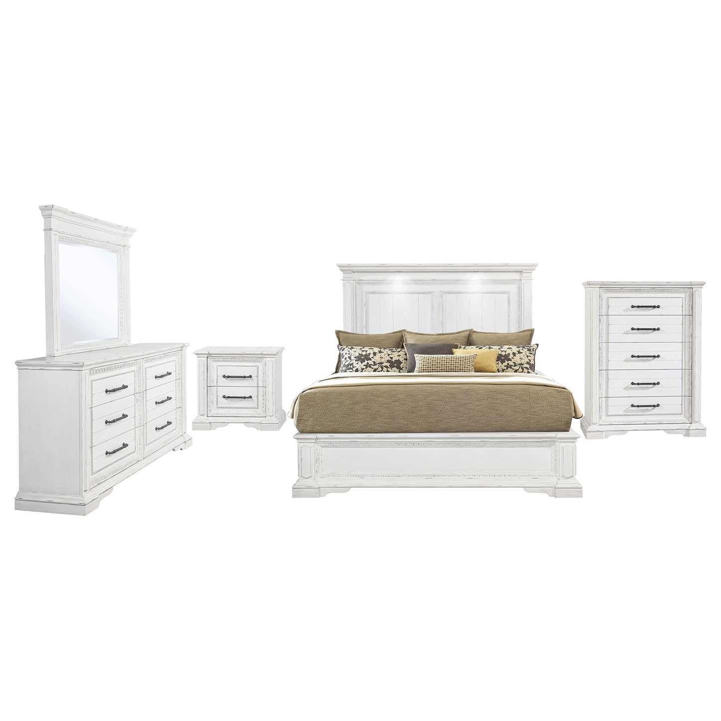 Ensemble de chambre à coucher McKinney 5 pièces California King blanc vintage