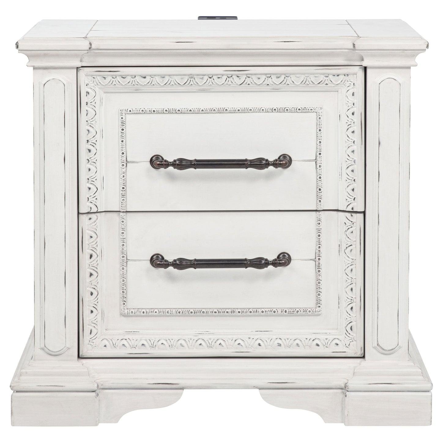 Table de chevet McKinney à 2 tiroirs avec double port USB, blanc vintage