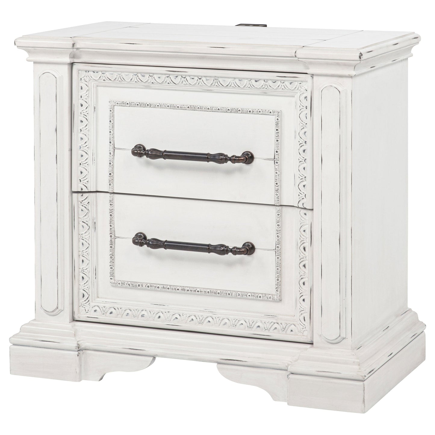 Table de chevet McKinney à 2 tiroirs avec double port USB, blanc vintage