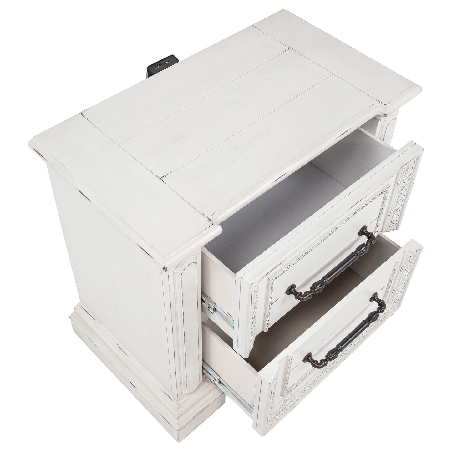 Table de chevet McKinney à 2 tiroirs avec double port USB, blanc vintage