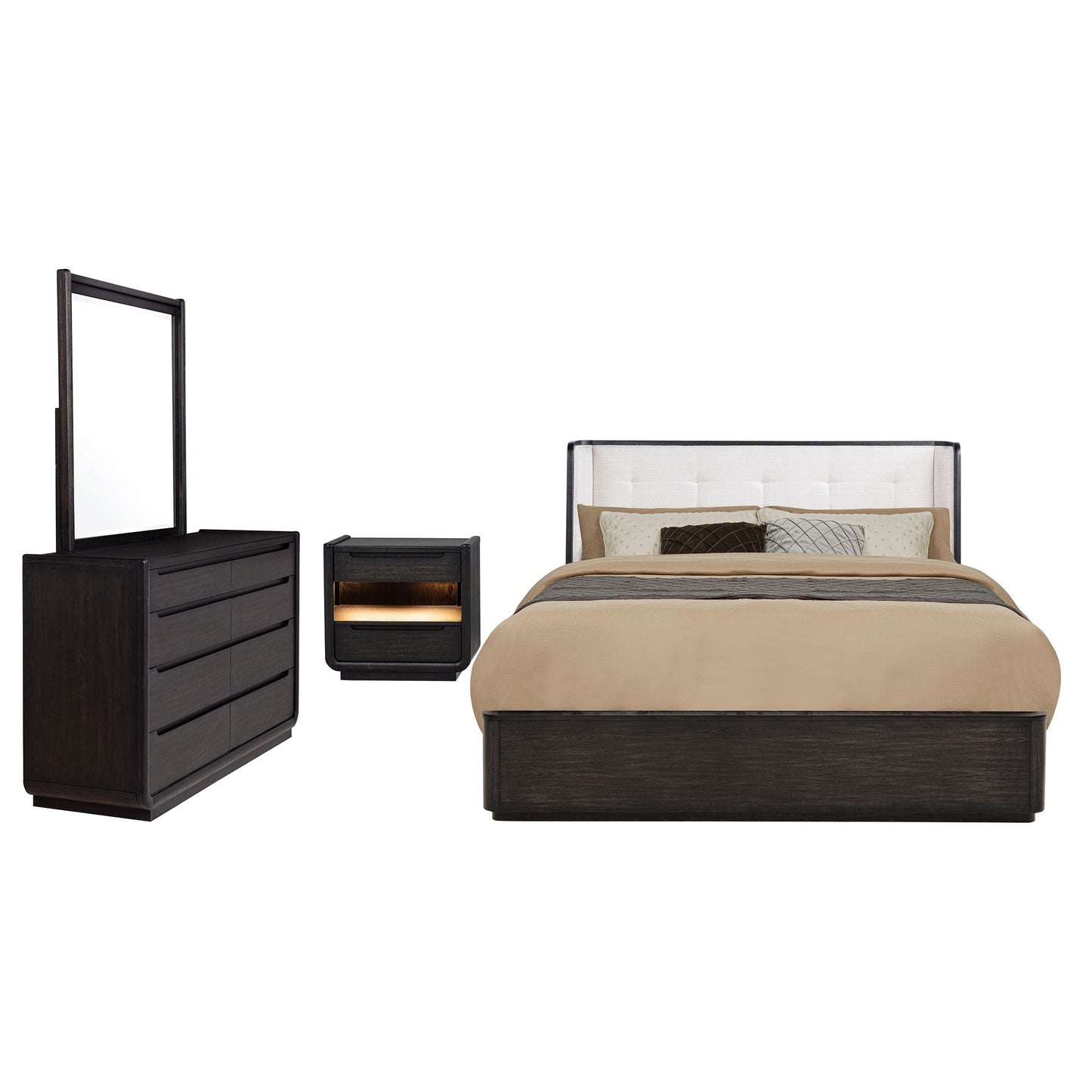 Ensemble de chambre à coucher Leandro 4 pièces avec lit king size oriental, noir bruni
