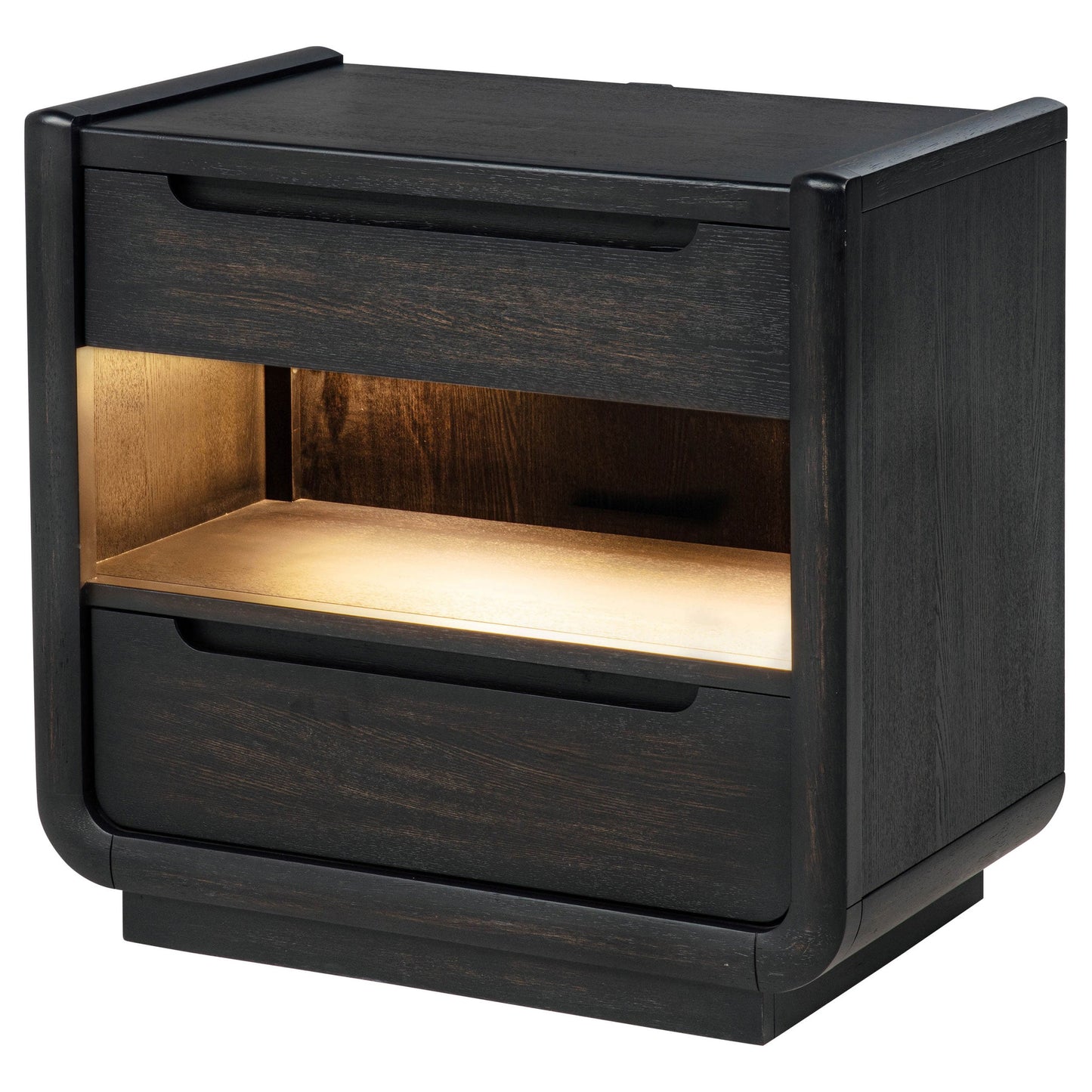Table de chevet Leandro à 2 tiroirs avec port USB et LED, noir bruni