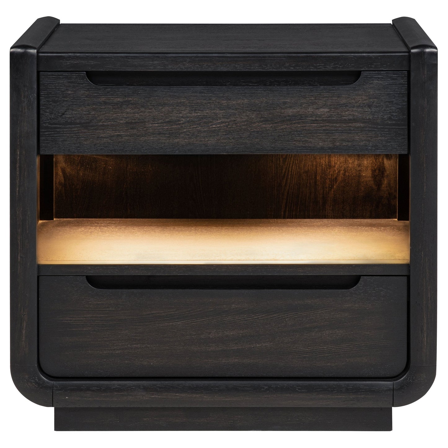 Table de chevet Leandro à 2 tiroirs avec port USB et LED, noir bruni