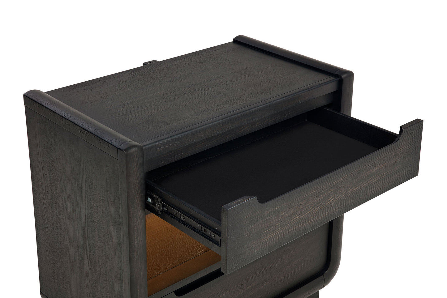Table de chevet Leandro à 2 tiroirs avec port USB et LED, noir bruni
