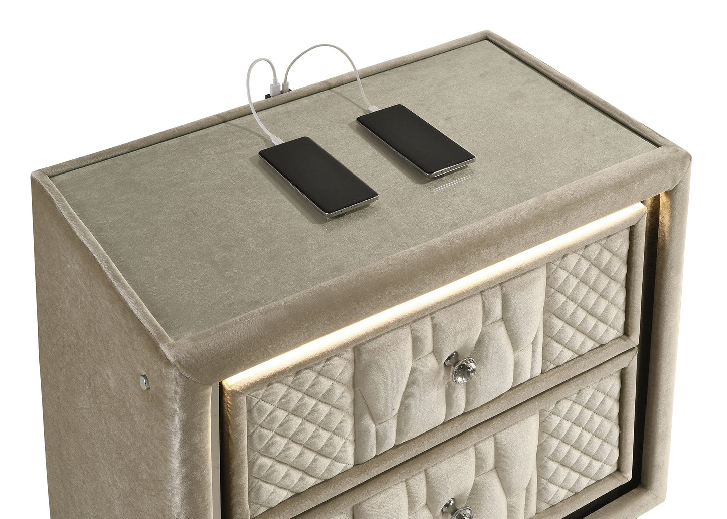 Table de chevet Lorient 2 tiroirs LED avec USB Ivoire et Camel