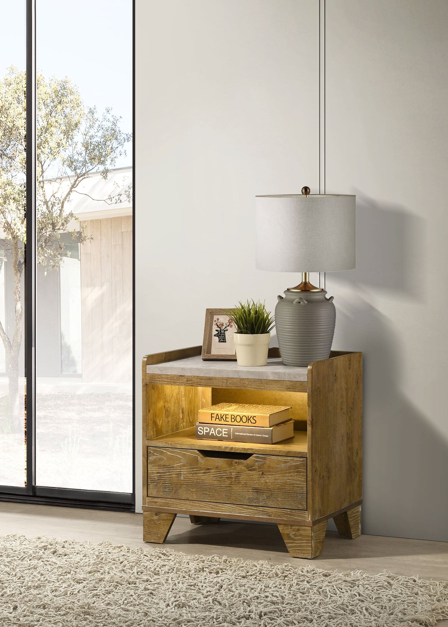 Table de chevet LED Henderson à 1 tiroir en chêne moyen