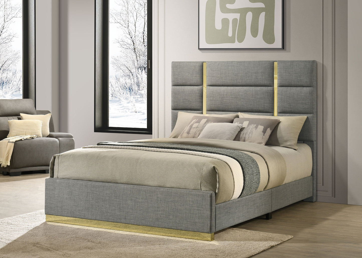 Lit king size Ines de 52 pouces, rembourré en tissu gris
