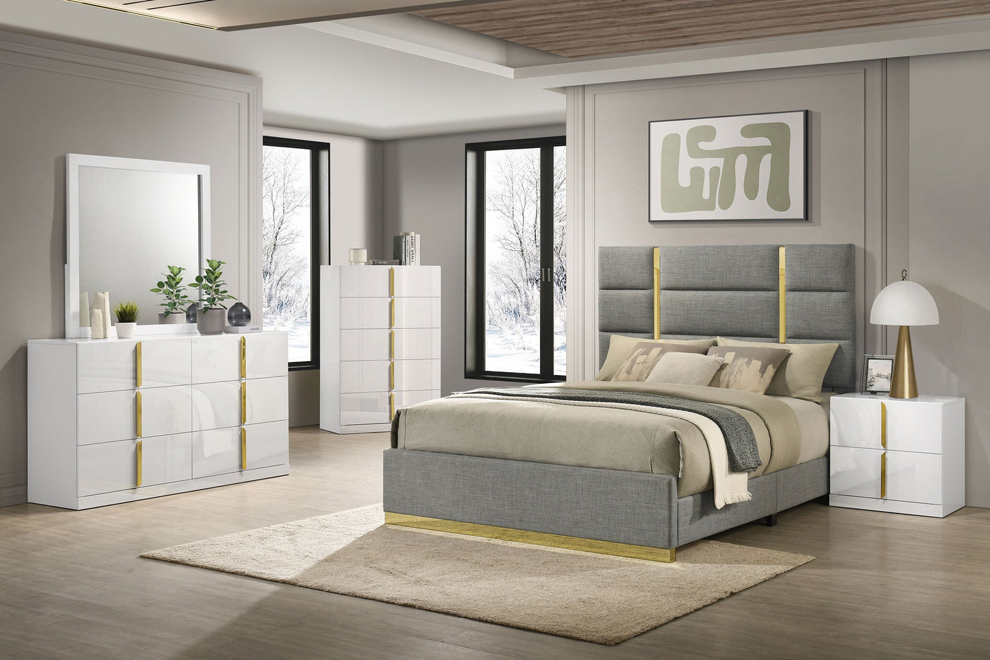 Lit queen-size rembourré en tissu Ines de 52 pouces, gris