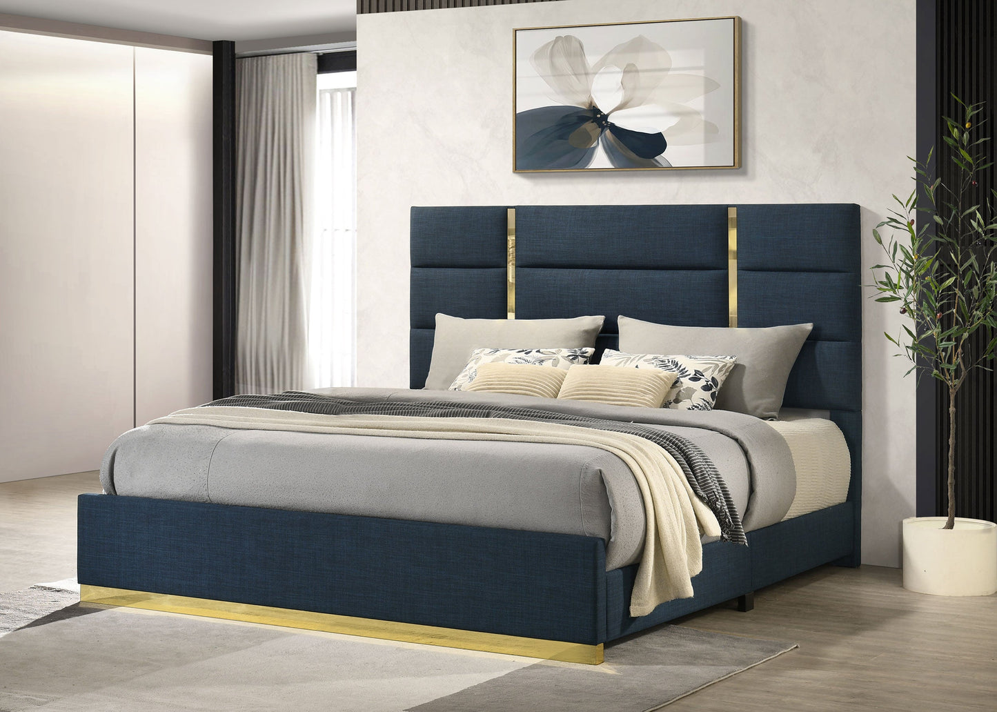 Lit Queen Ines 52 pouces en tissu bleu marine