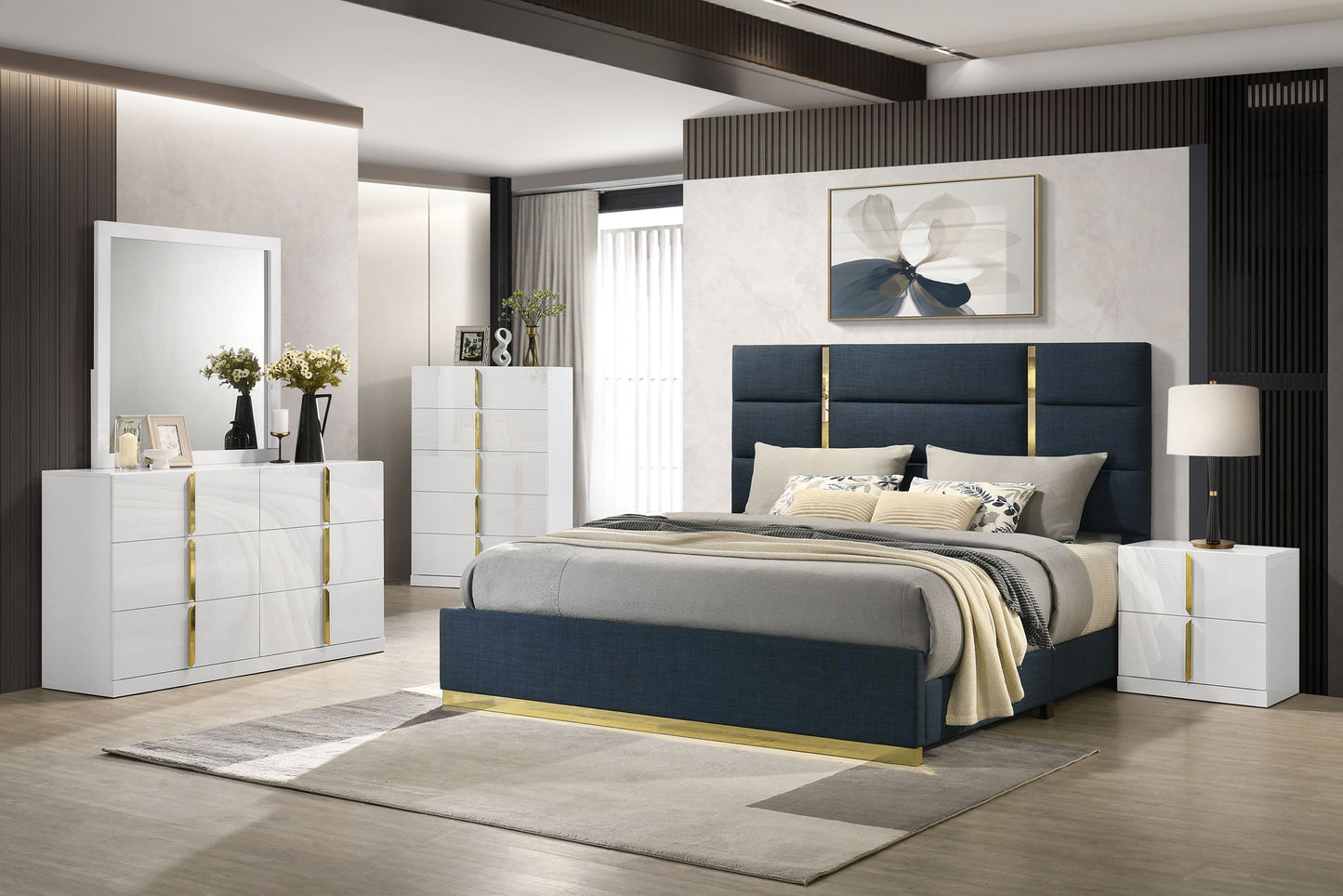 Lit Queen Ines 52 pouces en tissu bleu marine