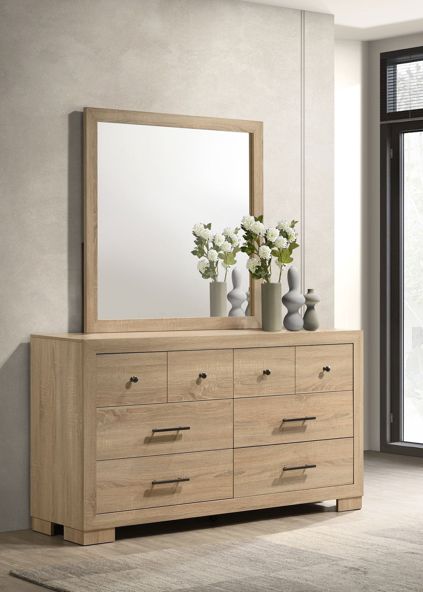 Commode de chambre Arielle à 6 tiroirs avec miroir en chêne clair