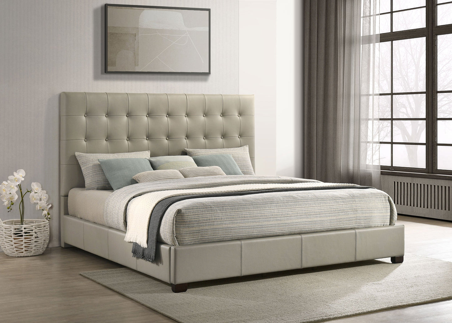 Lit plateforme Medley en cuir véritable style oriental, couleur beige