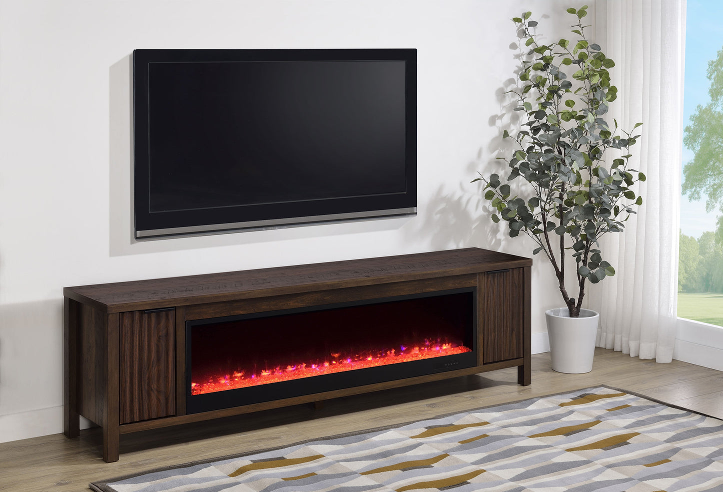 Meuble TV Carey 79 pouces avec cheminée et console multimédia en pin foncé